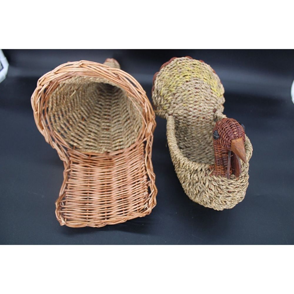 Cornucopia Brown Woven Wicker Horn Of Plenty Basket 17" And Turkey 11"